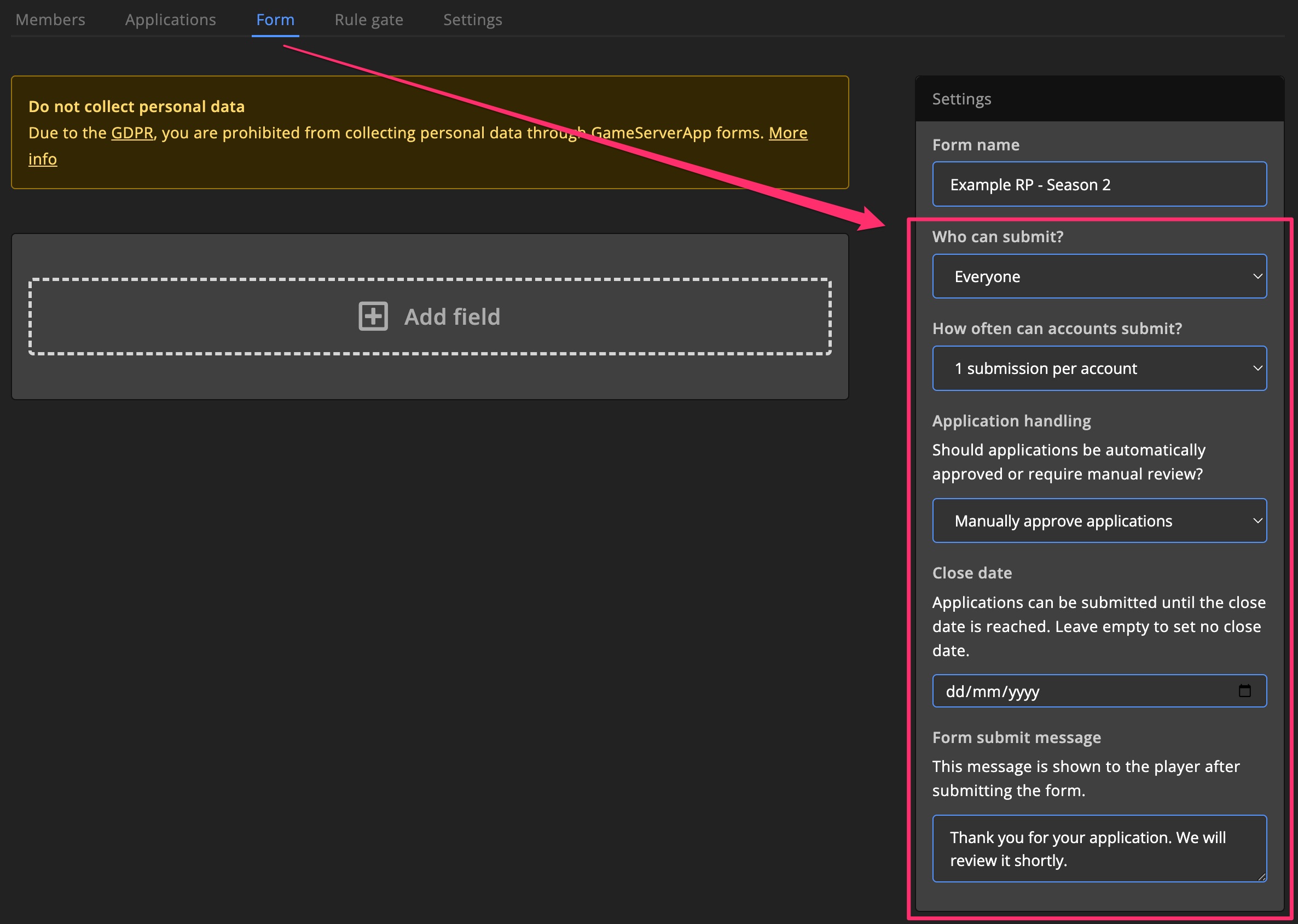 Form settings