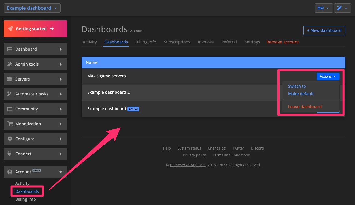 Account - Manage dashboard