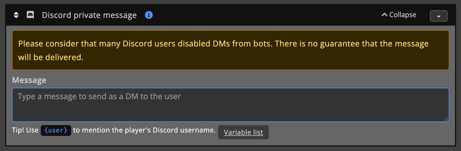 Automations / Tasks - Action - discord private message