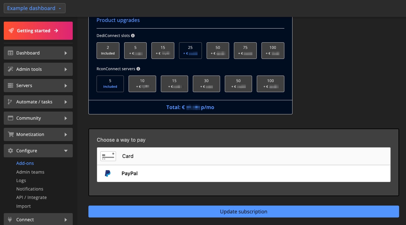 Add-ons - choose payment method