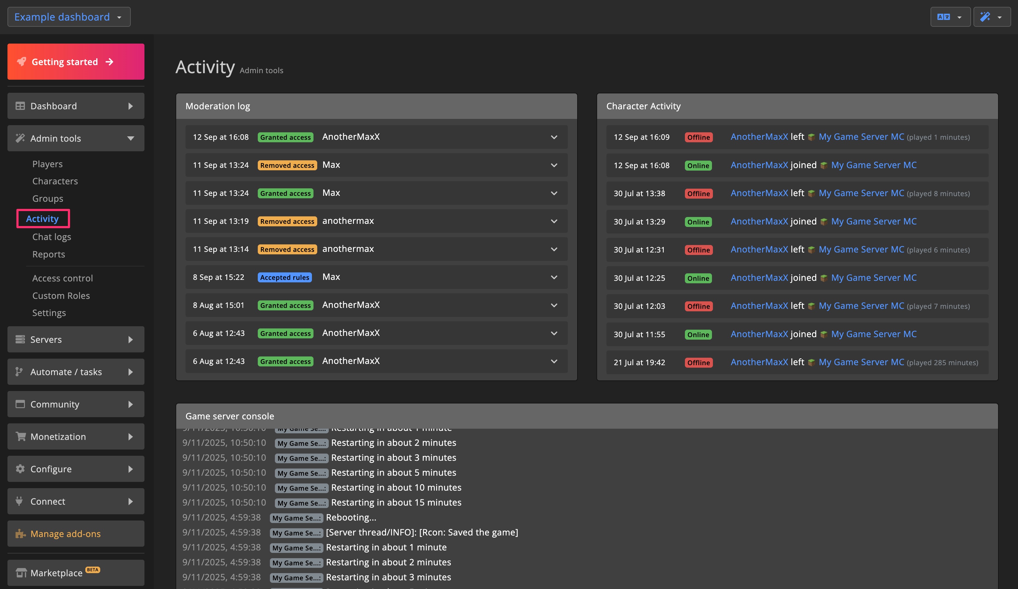 Admin tools - Activity