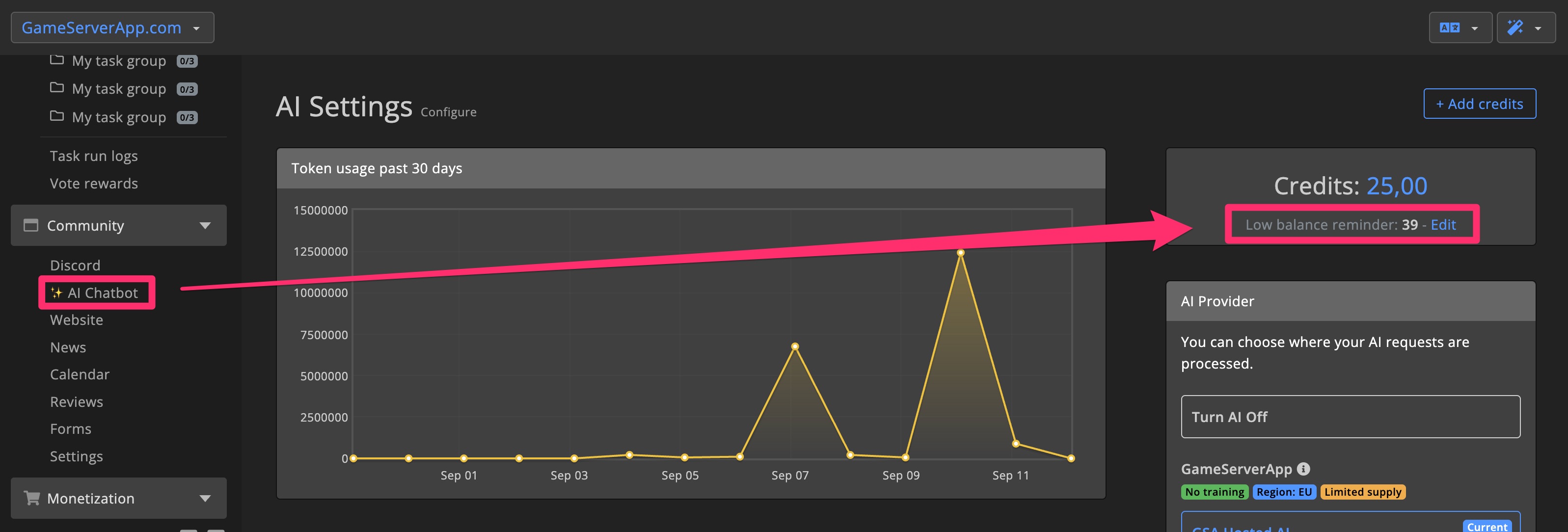 AI tools - AI Settings - Low balance reminder