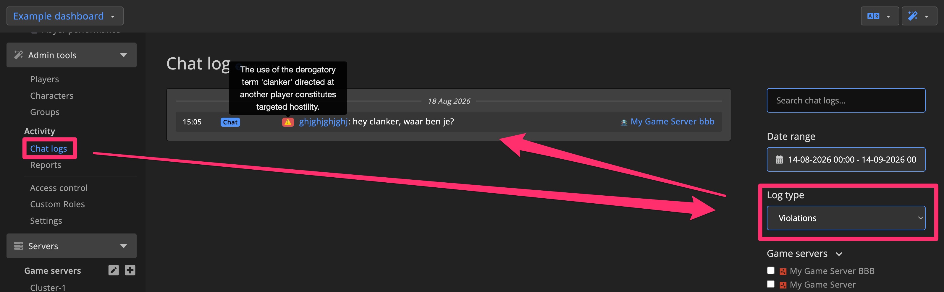 AI tools - Chat violations - Chat log filters