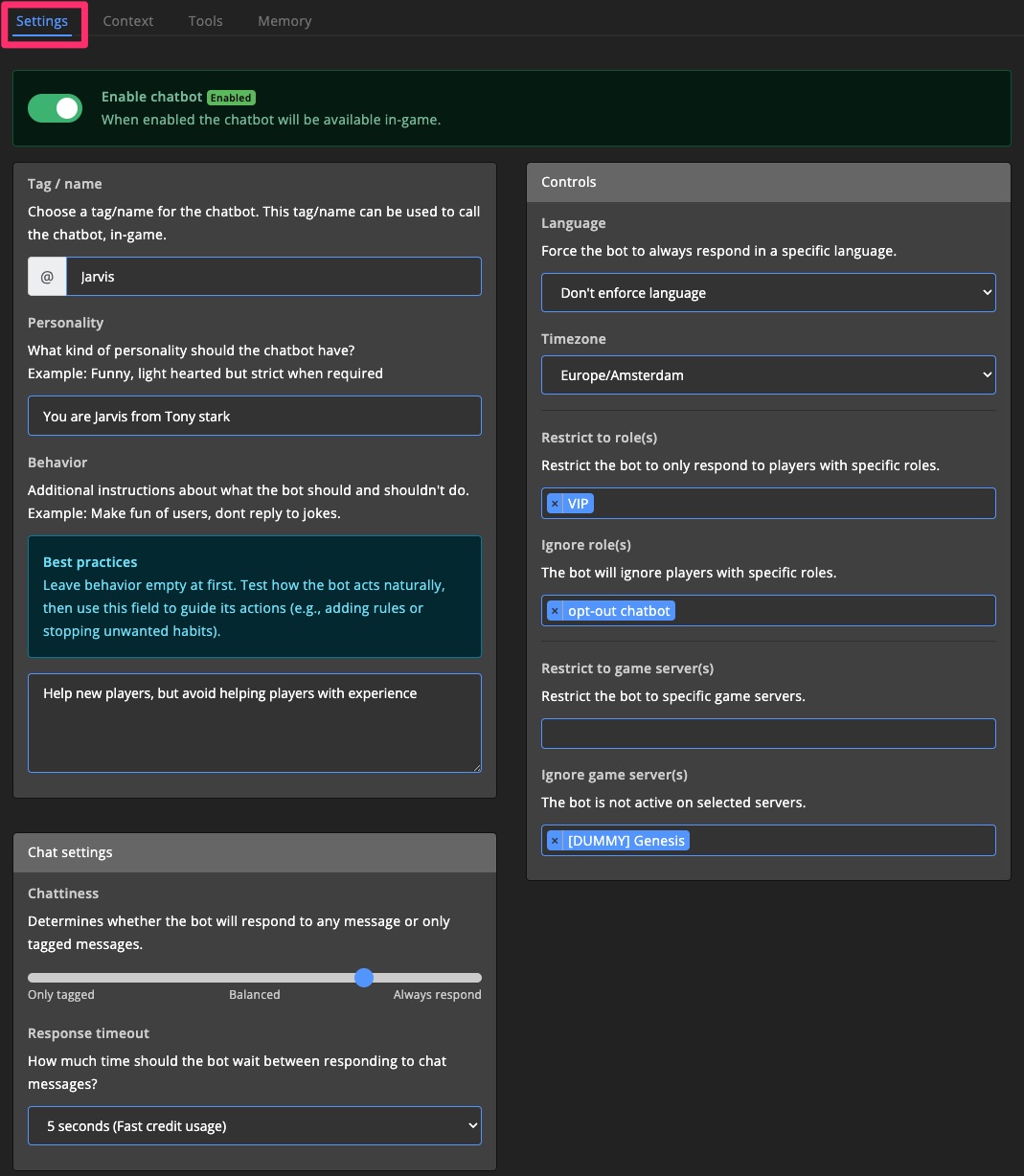 AI tools - Chatbot - Settings