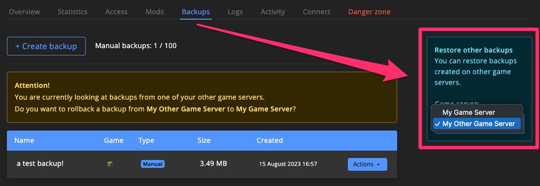 Game server - restore backup