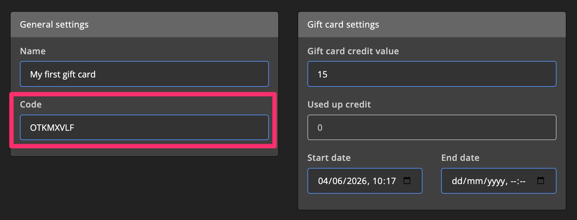 Monetization - Gift card settings - Code
