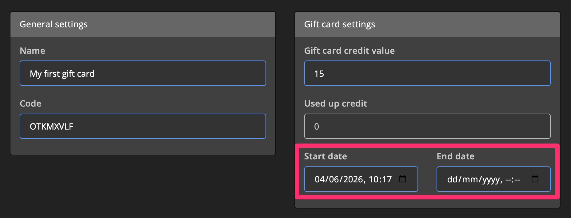 Monetization - Gift card settings - Start / End date