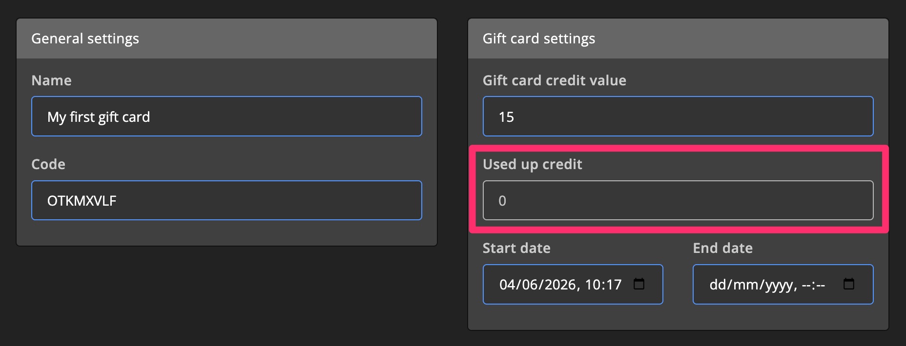 Monetization - Gift card settings - Card used up credit