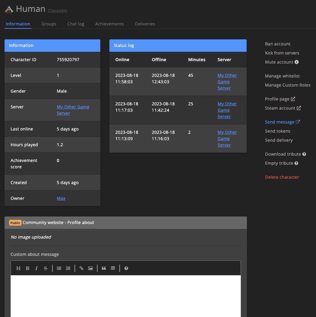 Admin tools - Character detail - info