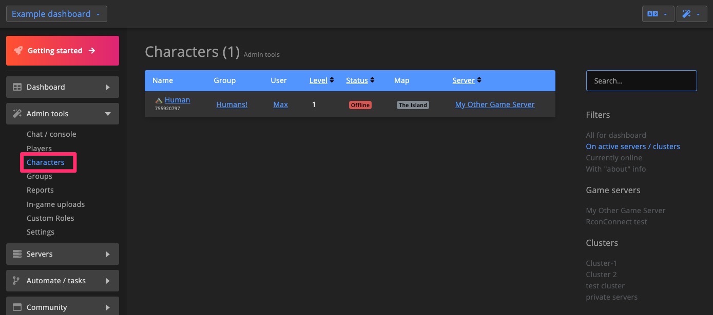 Admin tools - Characters - overview