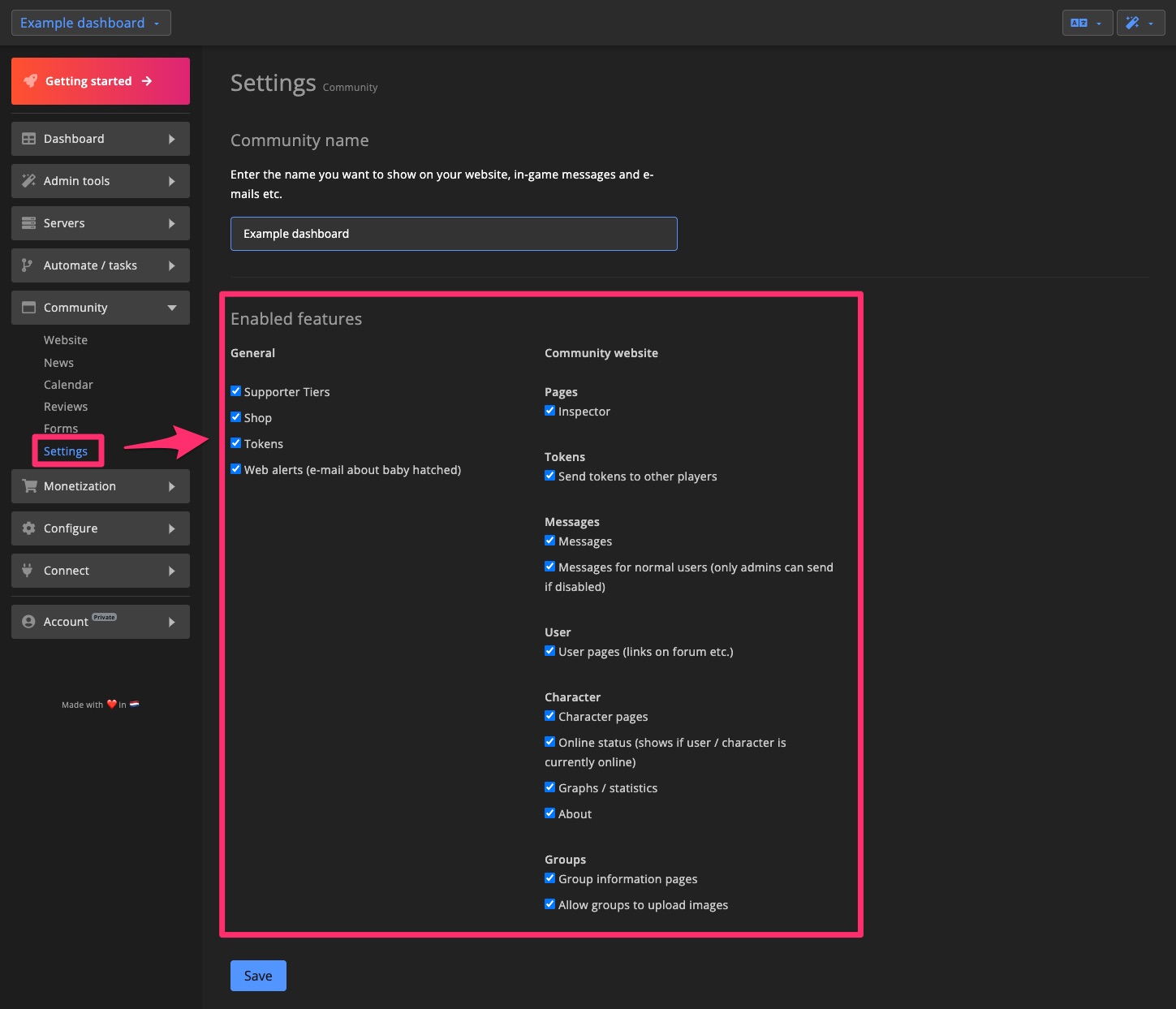 Community - Settings - Enabled features