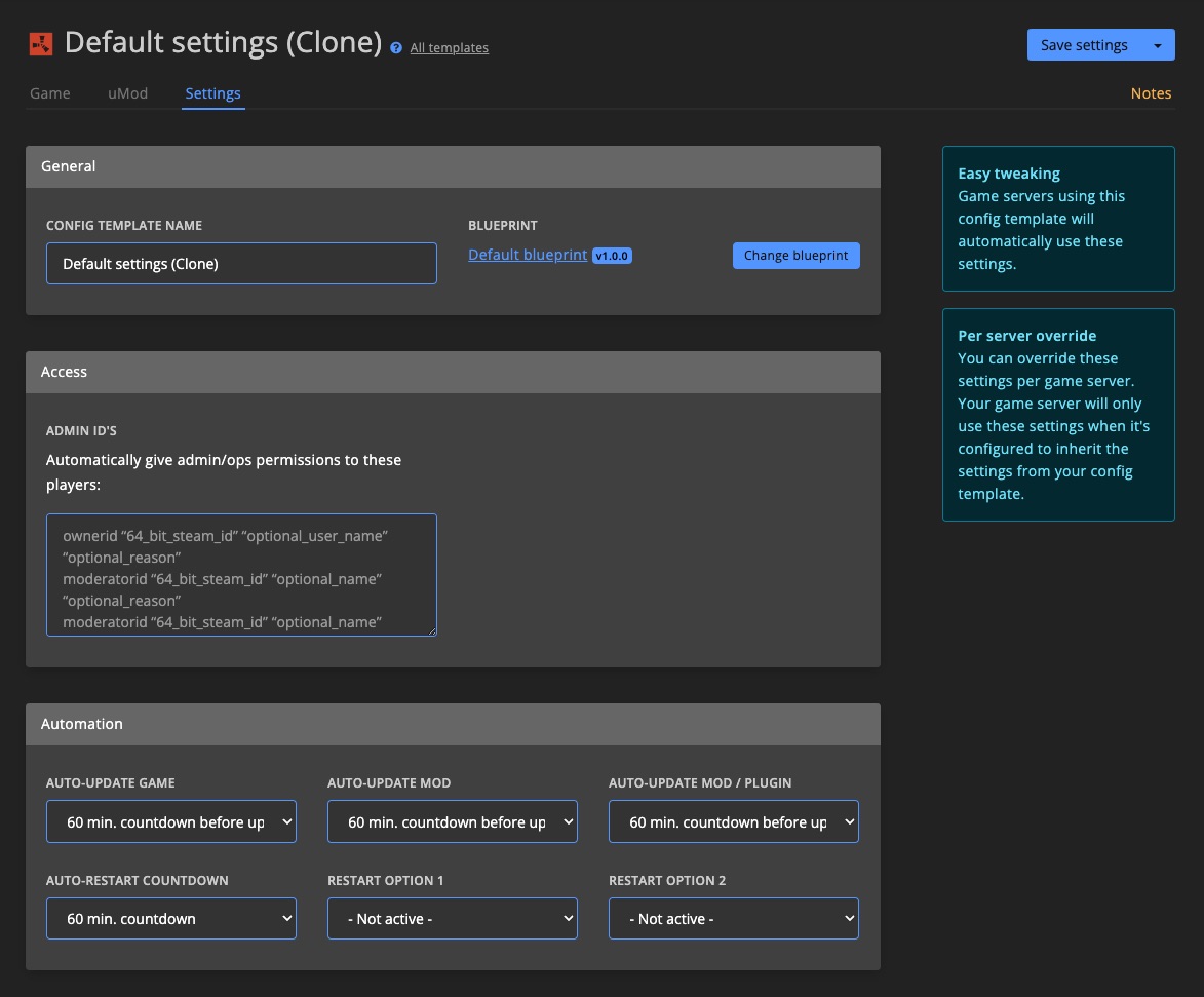 Config template - settings