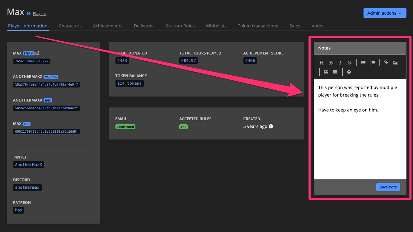 Admin tools - Notes