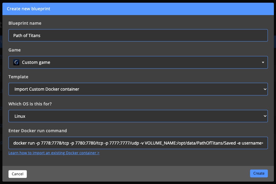Blueprint - Create existing Docker container blueprint - Create blueprint with import docker run command