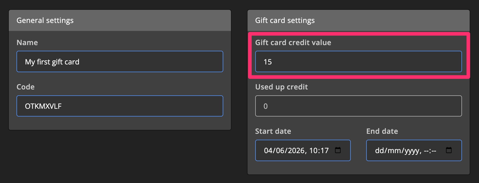 Monetization - Gift card settings - Gift card credit value