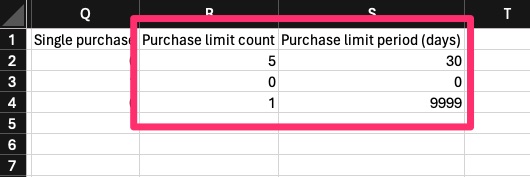 Monetization - CSV tools - Details - Purchase limit field 1