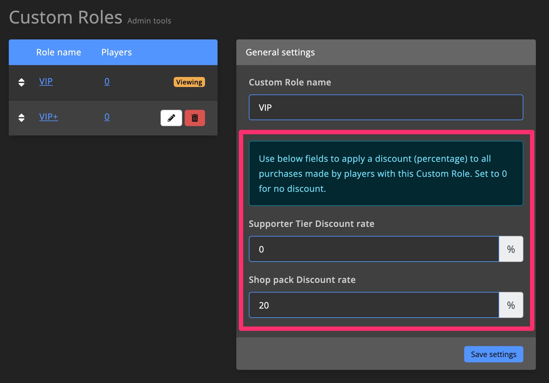 Admin tools - Custom Role discount