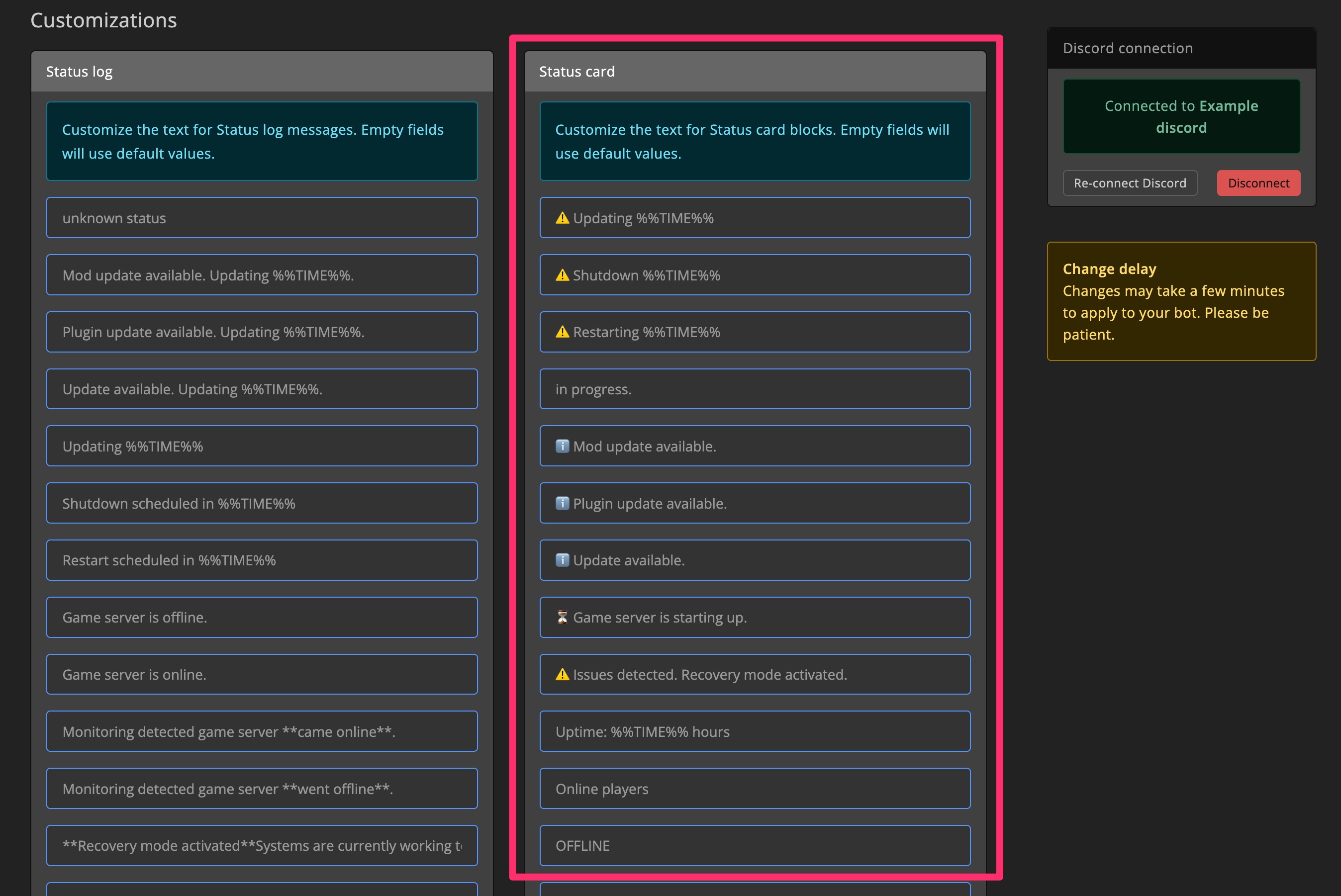 Discord bot - Settings - Customize status card
