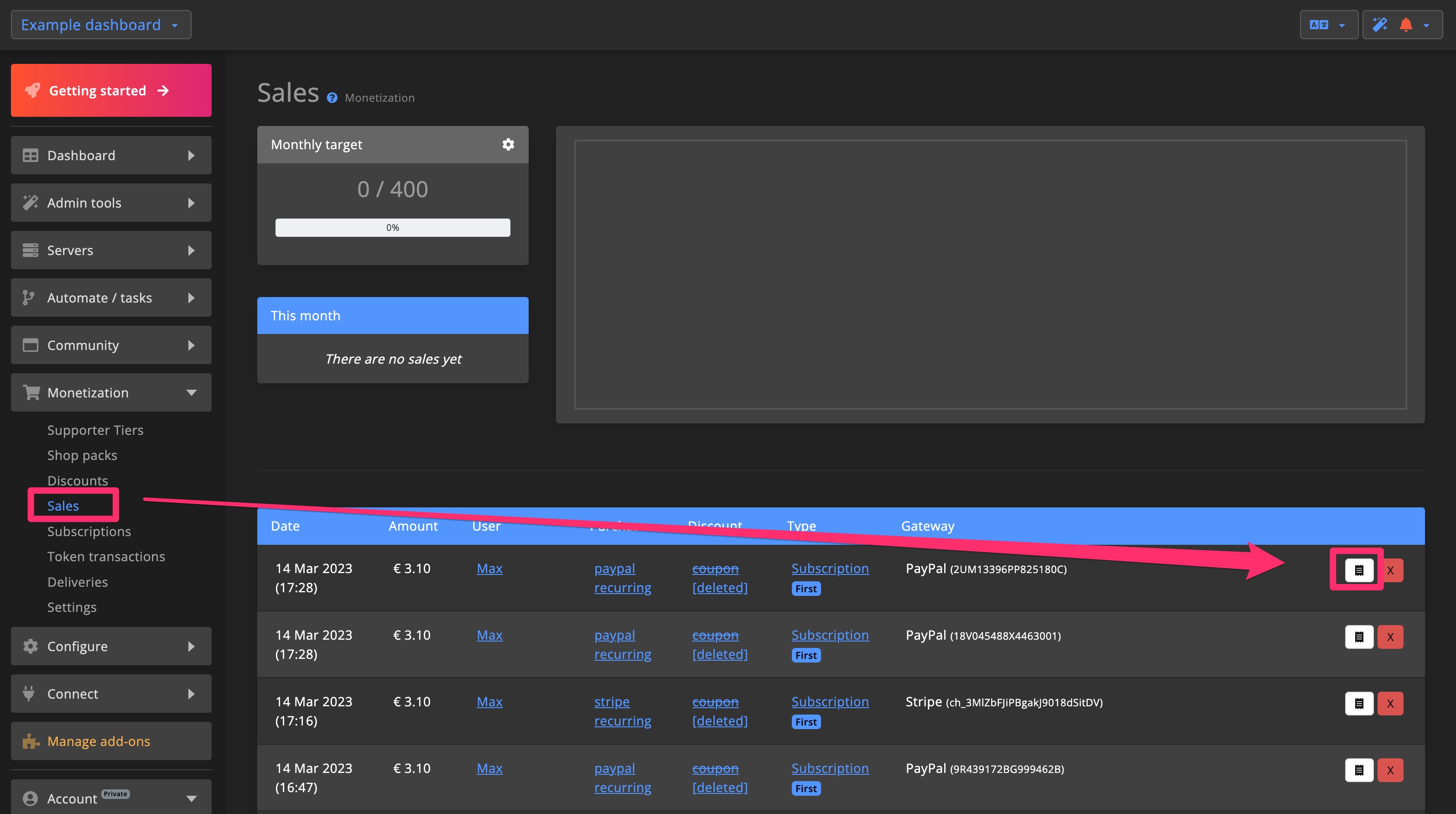 Monetization - invoice download dashboard