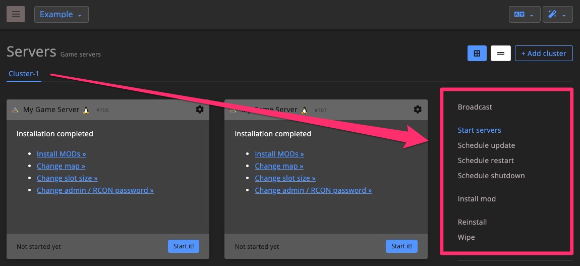 Game server - cluster controls