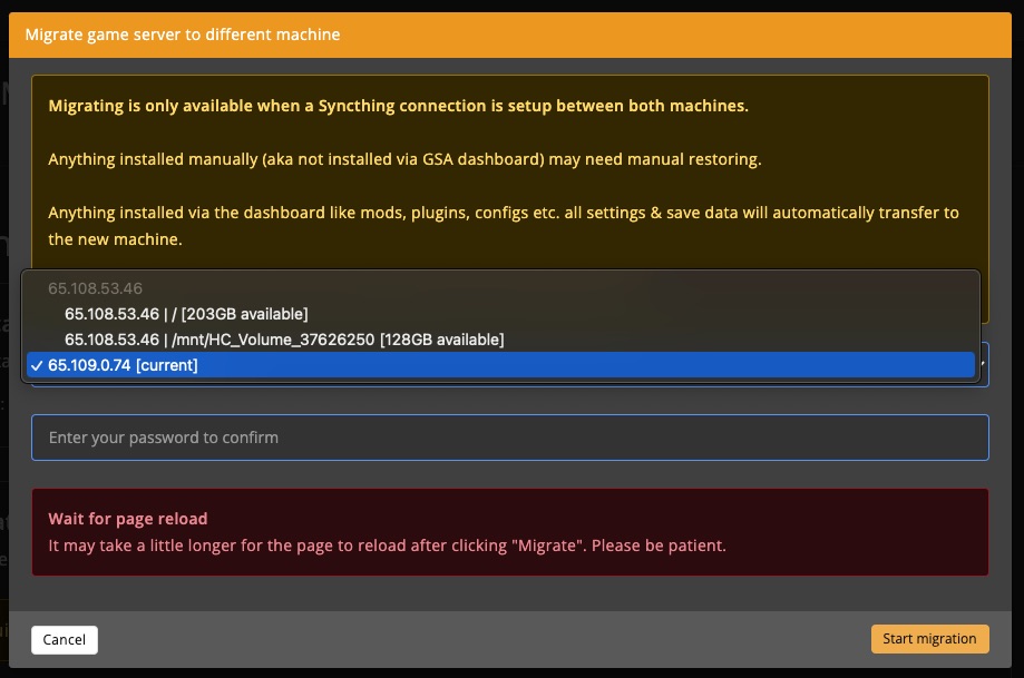 Game server - danger zone - migrate modal