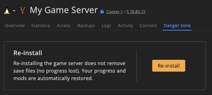 Game server - danger zone - re-install