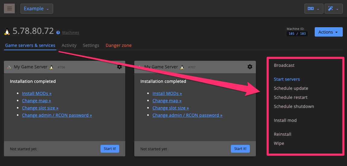 Game server - cluster controls