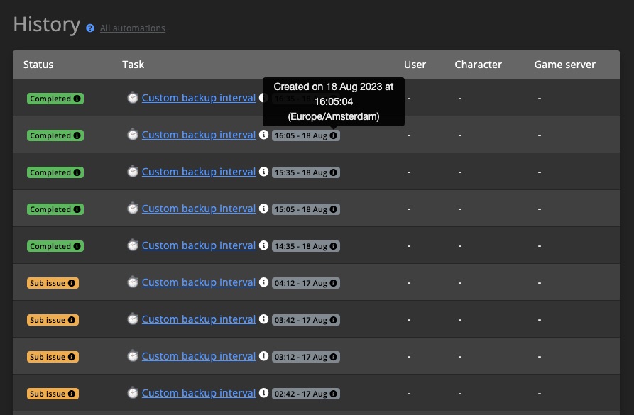 Automations / Tasks - Task history overview