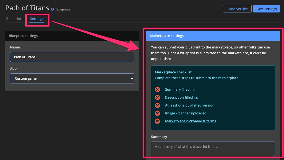 Blueprint - Publish on marketplace - Add version