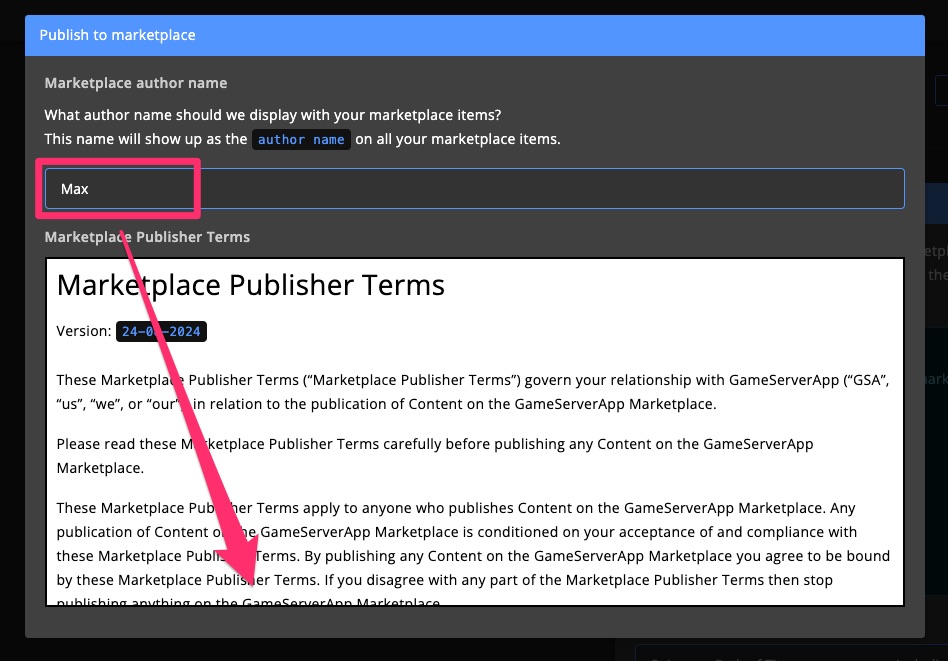 Blueprint - Publish on marketplace - Blueprint nickname &amp; terms popup