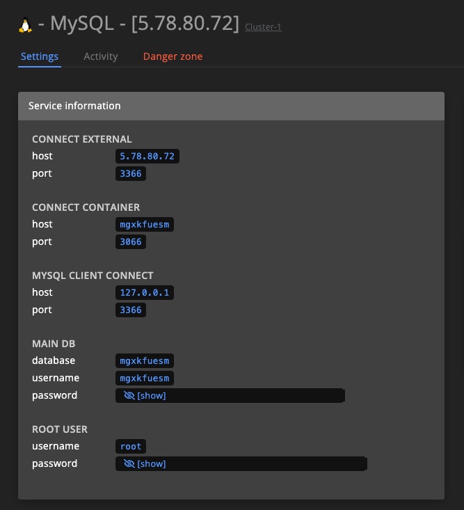 MySQL service settings