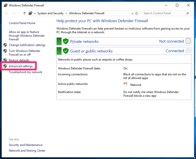 Go to Advanced Settings in Windows Defender firewall