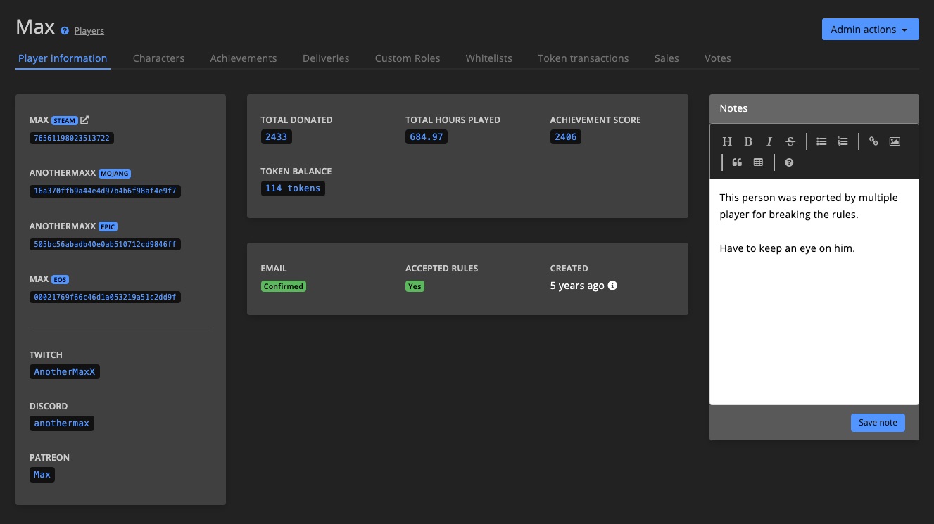 Admin tools - Player detail - info