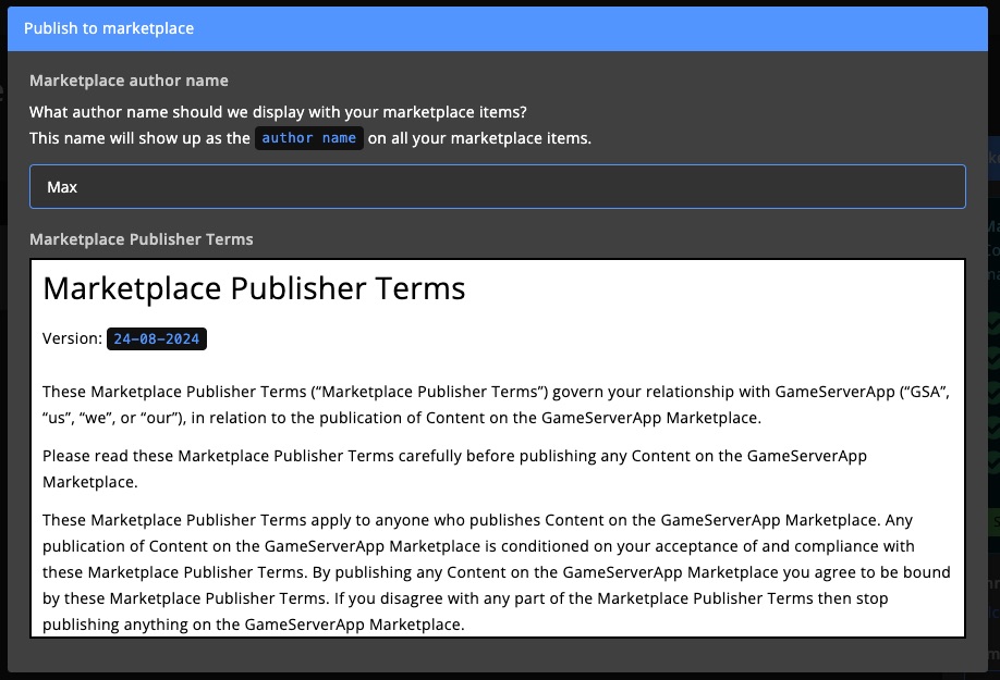 Marketplace - Publish to marketplace - marketplace terms &amp; nickname 2