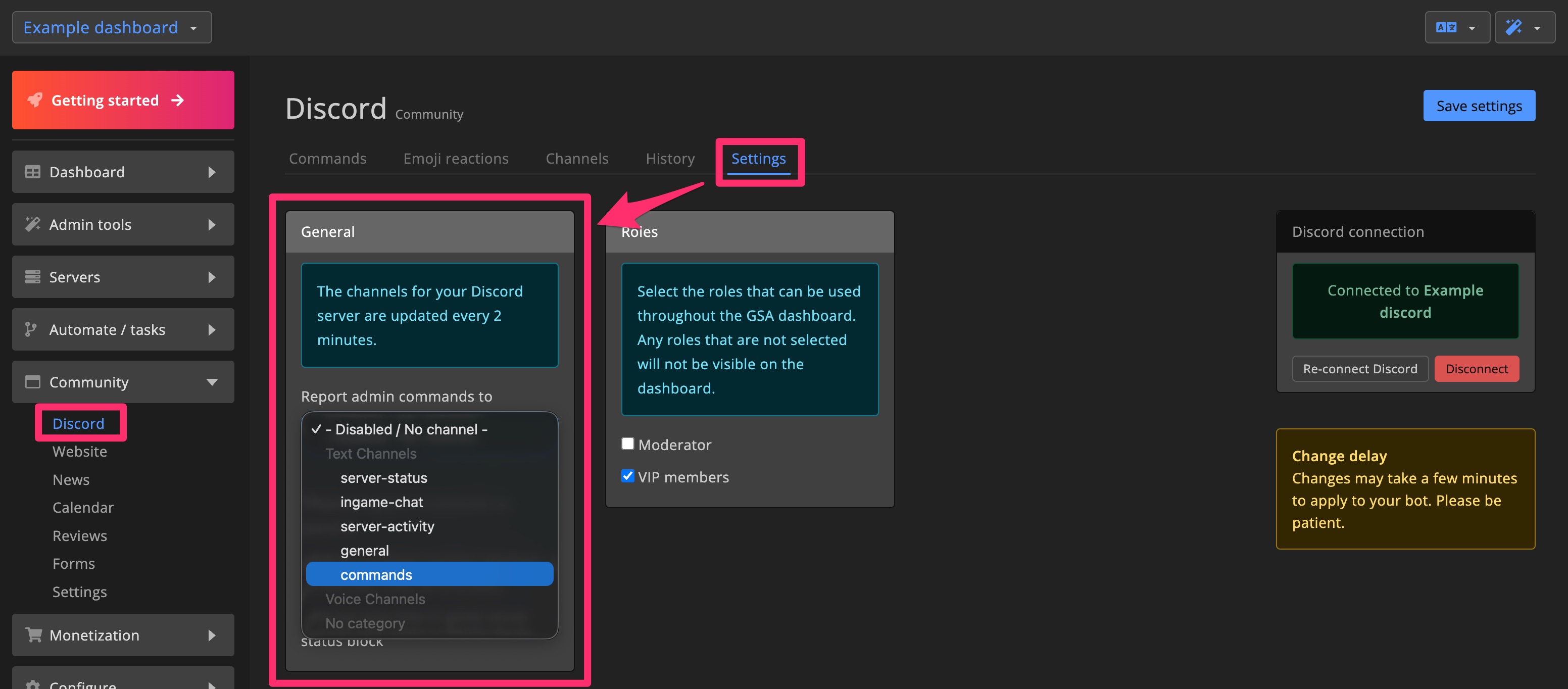 Discord bot - Settings - Report admin commands