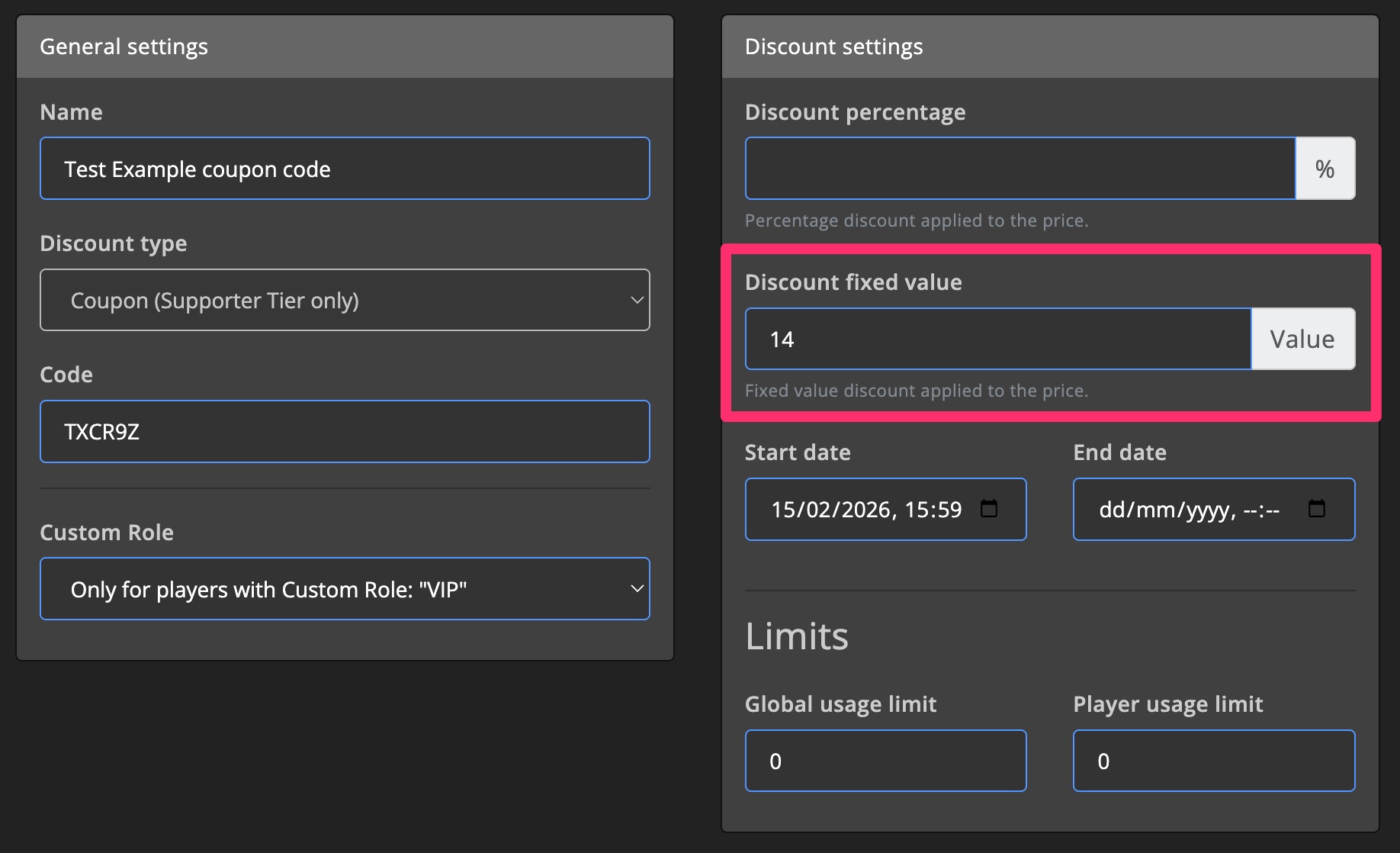 Monetization - Discount settings - Discount amount