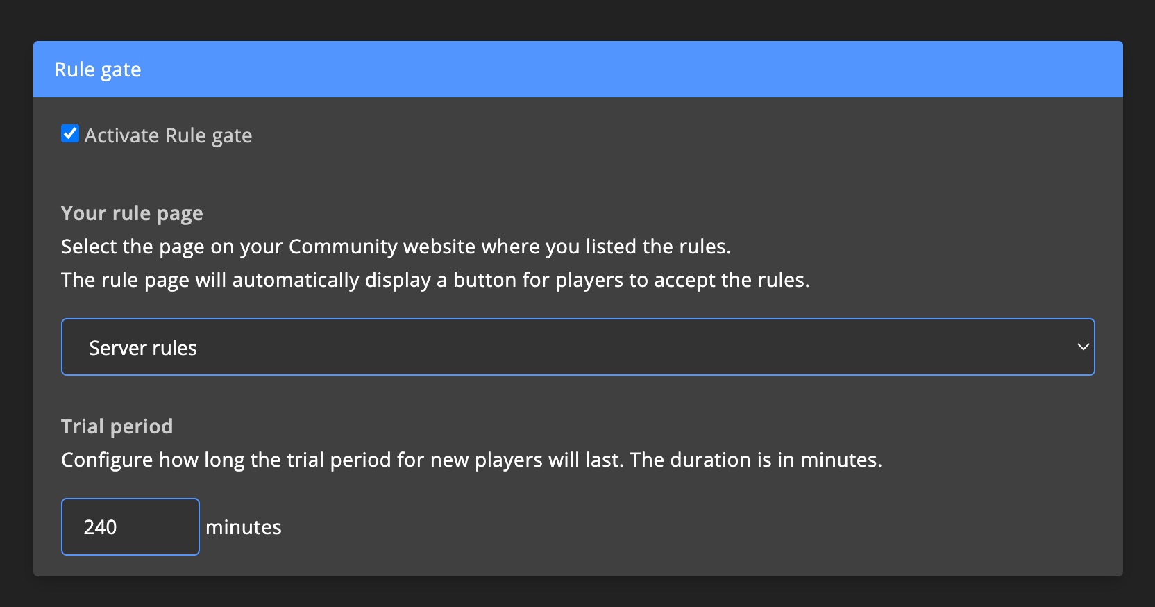 Admin tools - Settings - Rule gate