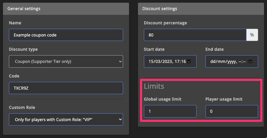 Monetization - Discount settings - Usage limits