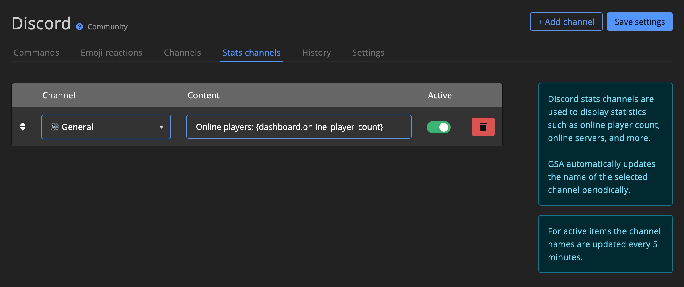 Discord bot - Stats channel settings
