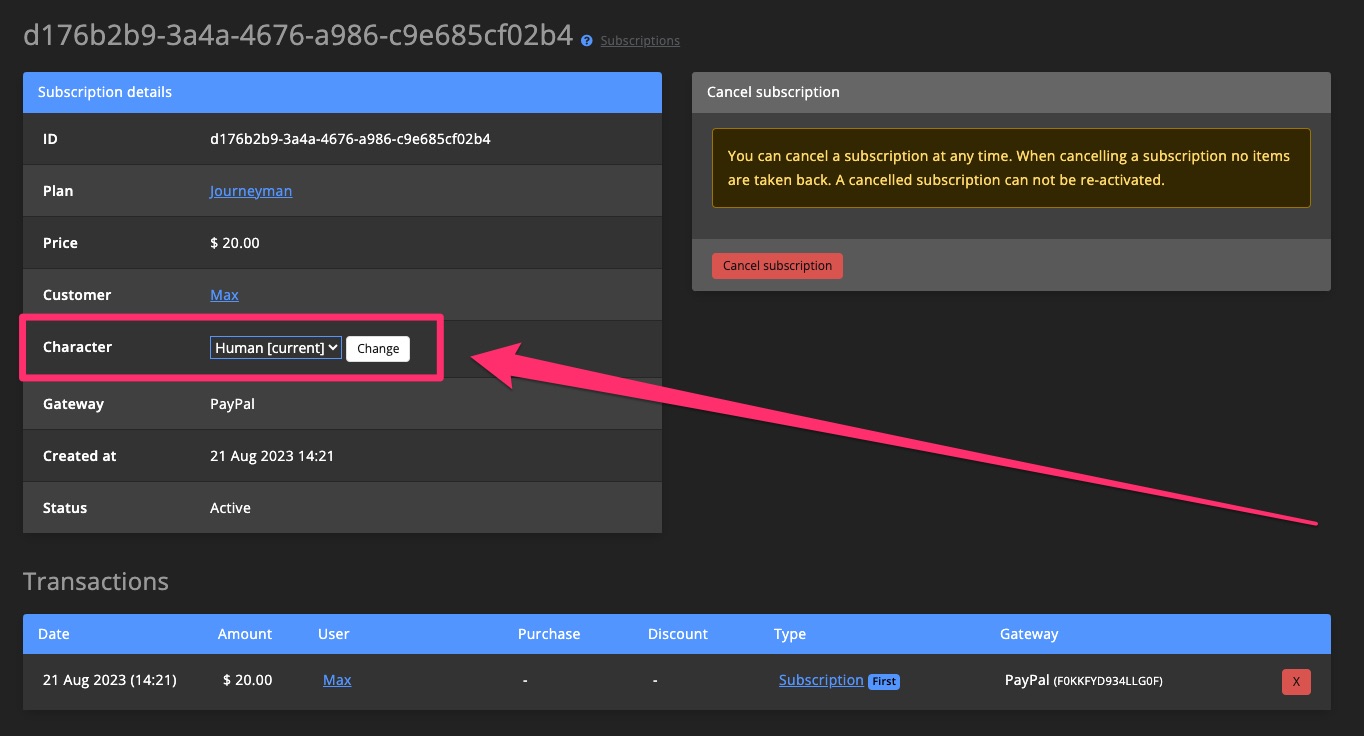 Monetization - Subscription change character