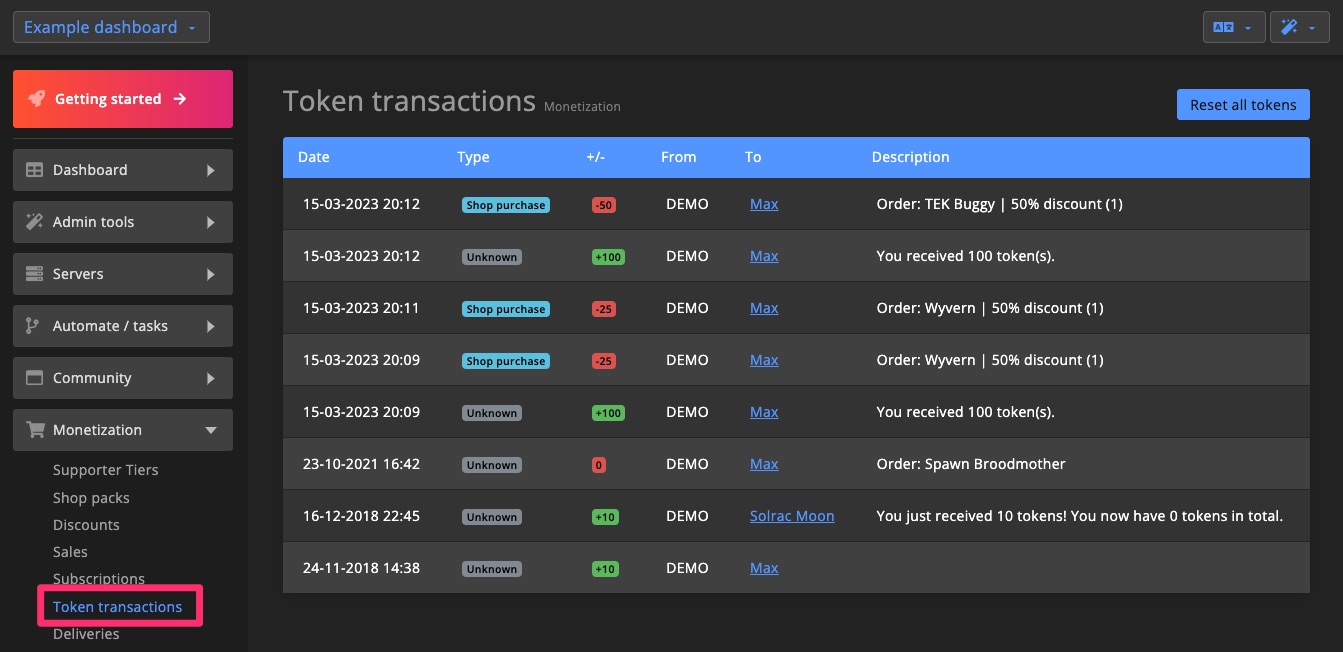 Monetization - token transactions