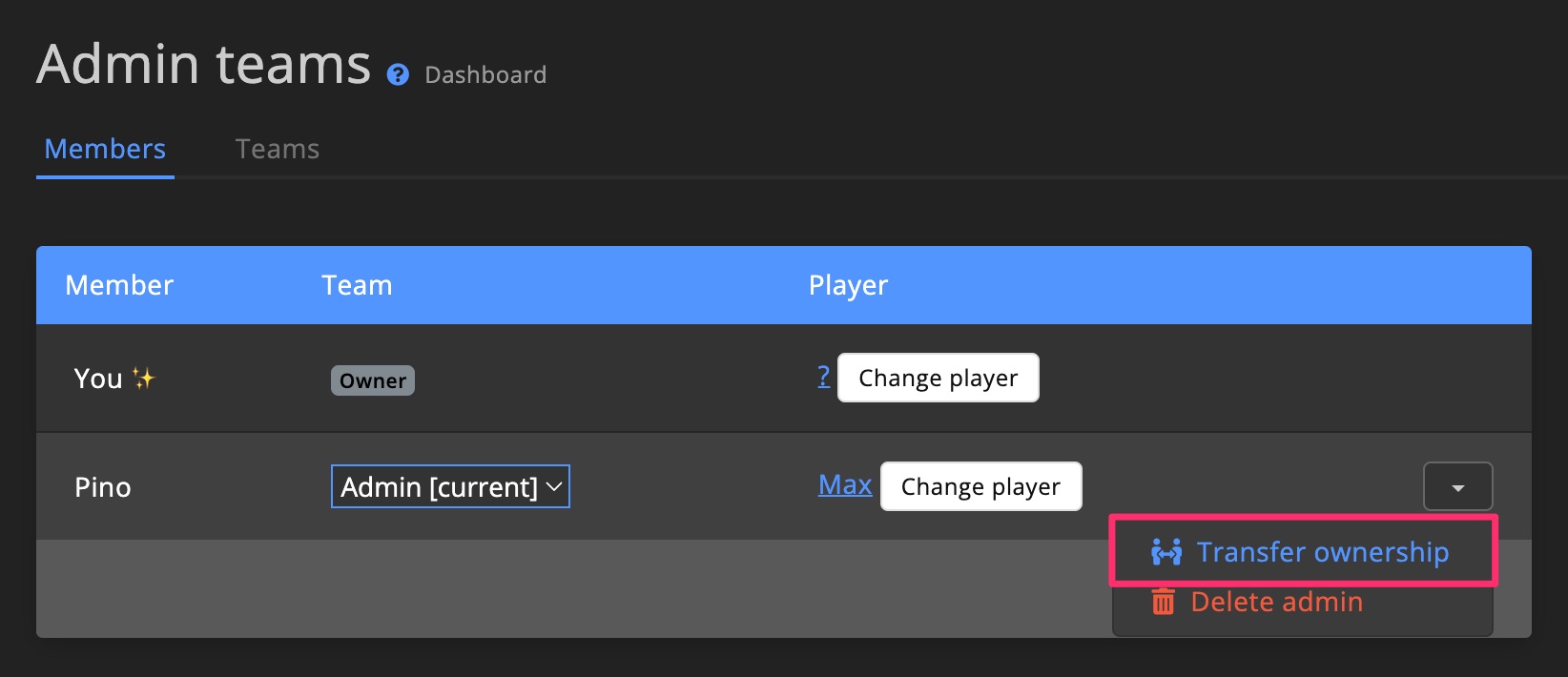 Transfer ownership to team member